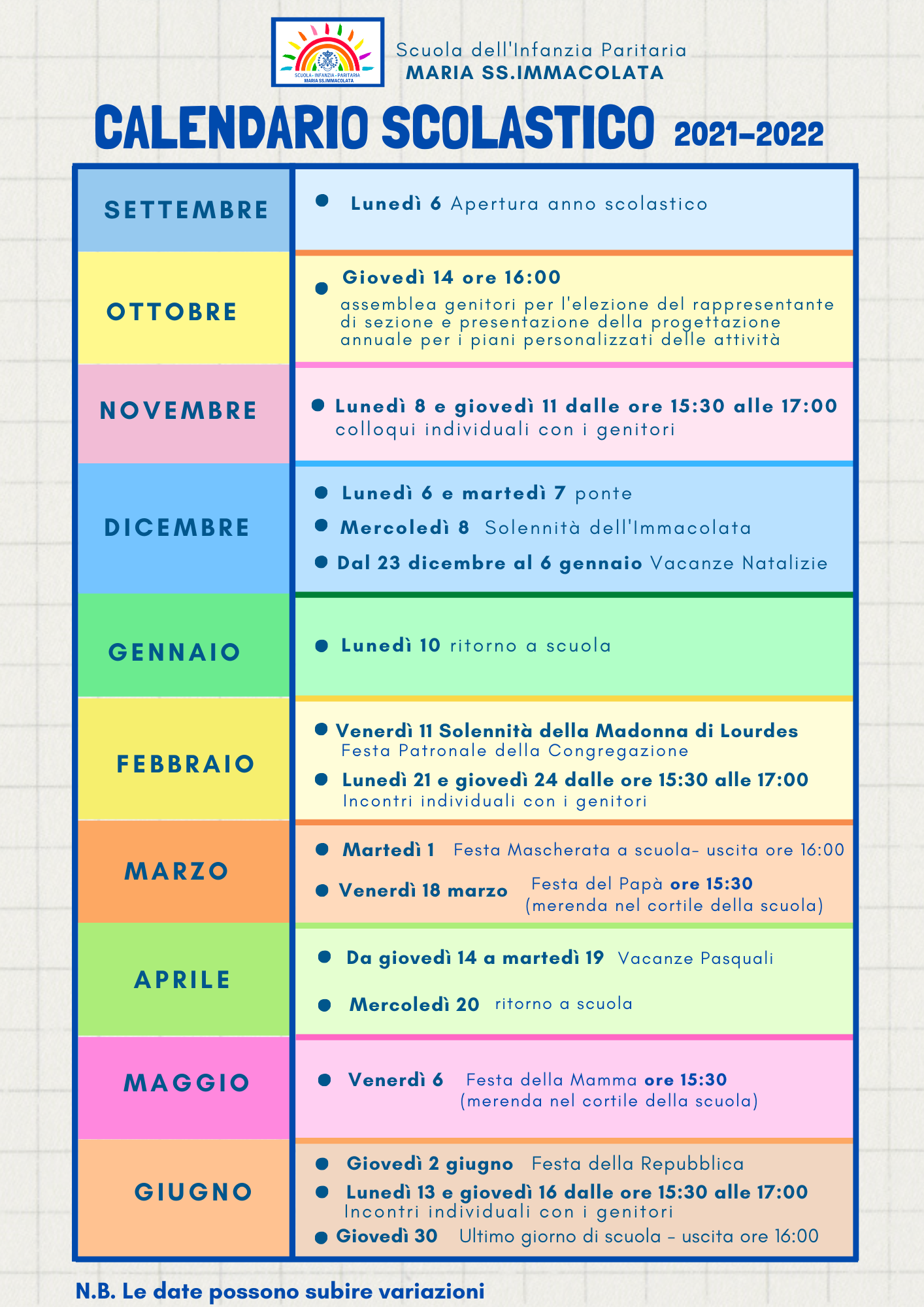 Calendario Scolastico 2021-22 – Scuola Infanzia Maria SS. Immacolata.it